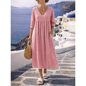 Femmes Robe Midi Robe trapèze Robe d'été Occasionnel Quotidien Coupe régulière Uni Manche 3/4 Col en V Bleu Noir Jaune Rose Claire Été Printemps