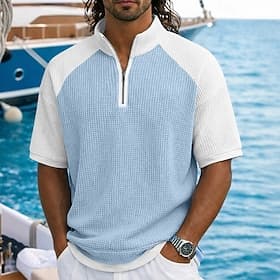 Men's Waffle Polo Shirts Textured Casual Vacation Standing Collar Short Sleeve Basic Comfortable Color Block Color Block Buttons Spring  Summer Blue Black Navy