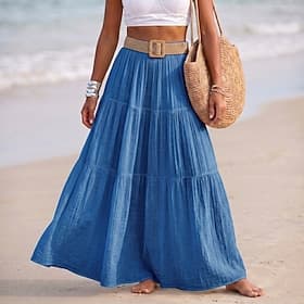 Per donna Miscela di lana Gonna da vacanza Casual Maxi Vita Alta Gonne Inelastico Spiaggia Ferie Blu chiaro Rosso violaceo Giallo senape Nero Estate