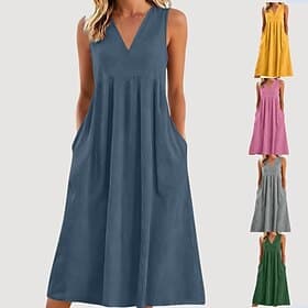Women's Maxi Dress A Line Dress Pleated Dress Vacation Party Casual Daily Home Outdoor Regular Fit Solid Color Sleeveless V Neck Yellow Pink Navy Blue Dark Gre