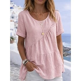 t-shirt da donna effetto lino, maglietta arricciata, tinta unita, alla moda, elegante, classica, manica corta, girocollo, top regolari, per tutti i giorni, per