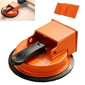 Reparaturset für Holzfußbodenfugen, bestehend aus Saugnapf, Hammer und Polierpads. Der Saugnapf eignet sich für Fugen, Fliesen, Holzböden, PVC-Fliesen und Glas