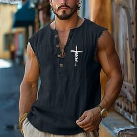 Men's Cross Tank Top Vest Top Sleeveless T shirt Other Prints Deep V Shirt Vacation Daily Hawaiian Beach Vacation Light Blue Black White Spring  Summer Clothin