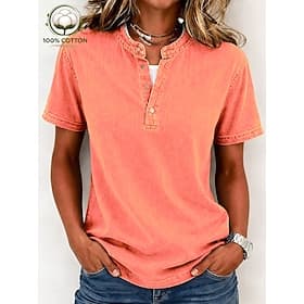 SoftFade™ Women's 100% Cotton Henley Shirt Vintage Fashion Stylish Short Sleeve Regular Tops Casual Beach Khaki Black Purple Orange Rose Pink Spring