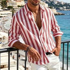 Men's Shirt Linen Shirt Summer Shirt Beach Shirt Striped Shirts Striped Streetwear Vacation Blue Yellow Pink Red Long Sleeve Turndown Summer Spring Clothing Ap