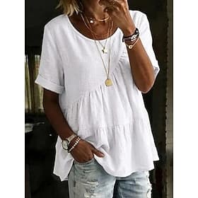 Women's Shirt Linen-feel Shirts Blouse Faux Linen Shirt Patchwork Plain Stylish Classic Modern Short Sleeve Crew Neck Regular Tops Daily Holiday Going out Blac