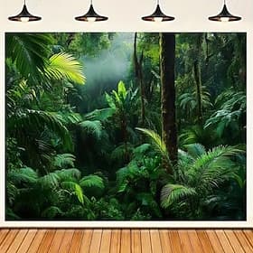 Tropical Rainforest Nature Green Palm Fern Leaves Misty Jungle Deep Woods Botanical Wall Tapestry Wall Hanging Backdrop for Bedroom Living Room Home Decor Wall