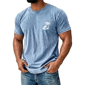 Ocean Wave Palm Tree Men's Vintage Blue Acid Wash T Shirt Graphic Crew Neck Short Sleeve Surfing Beach Vacation Gift for Him Designer Clothing Apparel