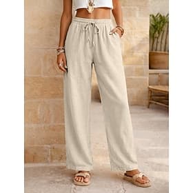 Women's Linen-feel Pants Summer Pants Pants Trousers Vacation Basic Casual Daily Full Length Natural Plain Drawstring Front Pocket Comfort Breathability Comfor