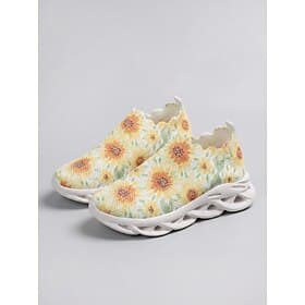 Women's Sunflower Print Slip On Sneakers, Lightweight Casual Shoes, Comfortable Breathable Footwear for Daily Wear, Walking, Gym, Travel  Casual Outings