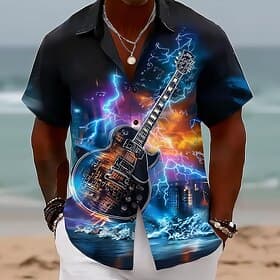 Men's Lightning Guitar Musical Instrument Shirt Button Up Shirt Short Sleeve Vintage Retro Music Festival Holiday Summer Spring Turndown 3D Print Collared Shir