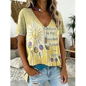 Women's T Shirt Print Floral Graphic Plants Vintage Stylish Classic Short Sleeve V Neck Long Tops Casual Daily Weekend Blue White Yellow Dark Green Dusty Blue