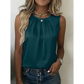 Women's Satin T Shirt Tee Top Ruched Plain Elegant Fashion Stylish Sleeveless Crew Neck Regular Tops Casual Daily Going out Blue Black White Apricot Beige Summ
