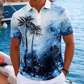 Men's Palm Tree Hawaiian Polo Shirts Short Sleeve Polo Shirts Collared Shirts Casual Athleisure Vacation Wear 3D Print Buttons Breathable Mesh Spring  Summer B