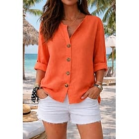 Women's 100% Cotton Blouse Faux Linen Shirt Buttons Solid Color Daily Casual 3/4 Length Sleeve V Neck Long Tops Daily Beach Black White Red Orange Green Summer