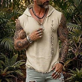 Gilet sans manches à capuche pour homme, style viking, runes nordiques, futhark, guerrier païen, bohème tribal, ourlet effiloché, coupe ample, idéal pour l'été