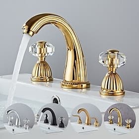 Widespread Bathroom Sink Mixer Faucet, Brass Basin Taps 2 Handle 3 Hole Retro Style Crystal Handle, Washroom Bath with Hot and Cold Water Hose