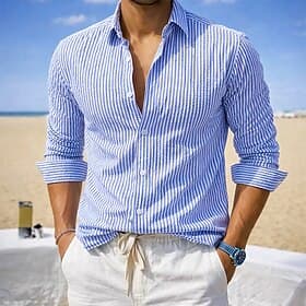 Men's Shirt Casual Shirt Seersucker Shirt Button Up Shirt Black White Light Green Pink Purple Long Sleeve Vertical Stripes Shirt Collar Casual Daily Clothing A