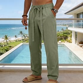 Homme Pantalons en Lin Pantalons Pantalon d'été Pantalons Amples Cordon de serrage Taille Élastique Jambe Droite Uni Confort Respirant Longueur complète Quotid thumbnail 2