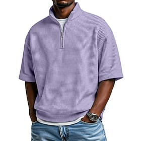 Men's Waffle Polo Shirts Polo Shirts Casual Daily Quarter Zip Short Sleeve Fashion Basic Plain Zipper Lightweight Summer Spring Regular Fit Wine Black White Na