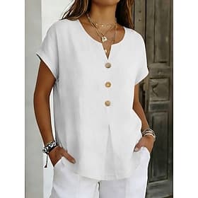 Women's Blouse Buttons Solid Color Stylish Basic Casual Short Sleeve V Neck Regular Tops Daily Blue Black White Pink Purple Summer Spring