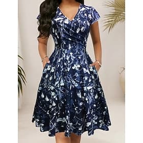 Women's Mini Dress Wrap Dress A Line Dress Fit And Flare Dress Formal Cap Sleeve Daily Office Regular Fit Floral Graphic Short Sleeve V Neck Blue Purple Summer