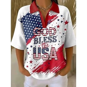 American Independence Day Women's Waffle T-shirt Textured Knit Tops Graphic American Flag Elegant Vintage Stylish Half Sleeve Polo Collar Regular Tops Casual D