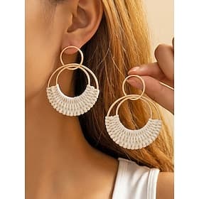Women's Bohemian Woven Hoop Earrings, Alloy Rattan Style Statement Round Earrings in Multiple Colors for Beach Vacation Travel, Resort Wear and Everyday Casual