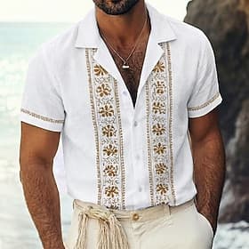 Men's Floral Print Ethnic Flowers Shirt Guayabera Shirt Camp Collar Shirt Short Sleeves Vintage Retro Casual Daily Beach Vacation Wear Summer Spring Cuban Coll