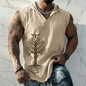 Men's Viking Yggdrasil Norse Tree Of Life Raven Runes Pagan Boho Vintage Sleeveless Hooded Vest Graphic Frayed Raw Hem Cotton Linen Loose Fit Summer Casual Des
