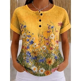 Femmes Tee-shirt Gaufre T-shirt Hauts d'été Bloc de Couleur Imprimé Graphique Géométrique Plantes ancien Élégant Classique Manche Courte Col ras du cou Hauts R