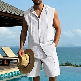 Men's Linen Shirt 2 Piece Shirt Set And Cargo Shorts Shorts Linen Shorts Set Plain Daily Outdoor Beach Hooded Sleeveless Summer Fashion Casual Comfortable Clot