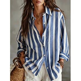 Women's Blouse Graphic Striped Daily Stylish Basic Long Sleeve Shirt Collar Regular Tops Daily Blue Yellow Pink Summer Spring