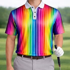 Men's Color Block Golf Sports Polo Shirts Short Sleeve Polo Shirts Collared Shirts Casual Athleisure Daily Wear 3D Print Buttons Spring Summer Rainbow