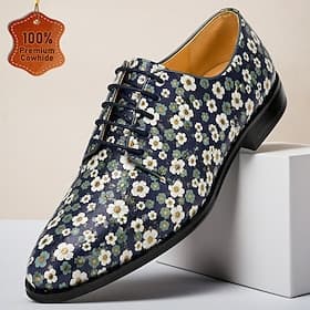 Chaussures habillées pour homme en cuir véritable bleu marine à lacets, style Oxford vintage à fleurs, idéales pour les mariages, les bals de fin d'année, les