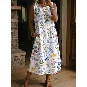 Women's Midi Dress Sundress Casual Dress A Line Dress Elegant Vacation Stylish Beach Holiday Regular Fit Floral Graphic Sleeveless Crew Neck Blue Pink Purple S