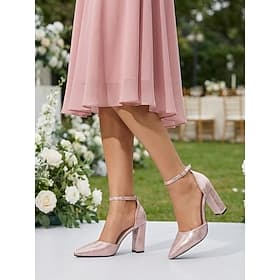 Women's Gold Metallic Block Heel Pumps, Pointed Toe Ankle Strap Elegant Dress Shoes for Wedding Guest, Garden Wedding  Formal Events