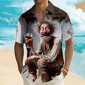Men's Cartoon Characters Beer Old Man Shirt Summer Shirt Button Up Shirt Short Sleeve Funny Vintage Retro Outdoor Beach Vacation Wear Summer Spring Turndown 3D