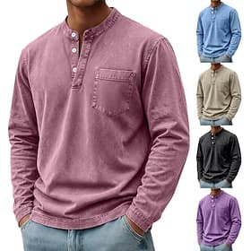 Men's Henley Shirt 100% Cotton Acid Wash Shirt T shirt Tee Long Sleeve Vintage Retro Vintage Casual Vintage Style Washed Henley Casual Spring Fall All Seasons
