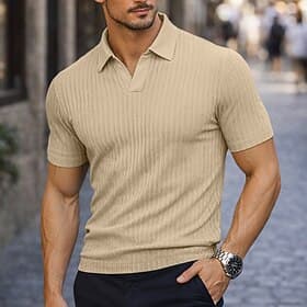 Men's Rib Knit Top Golf Polos Shirts Casual Work Lapel Ribbed Polo Collar Short Sleeve Basic Modern Solid Color Buttons Knitted Spring  Summer Summer Spring Sl