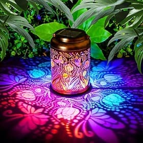 Outdoor Solar Butterfly Rose Gold Metal Lantern, Hollow Projection Garden Path Lawn Patio Yard Light, Warm  Color-Changing 2-in-1 Solar Lamp for Wedding, Party