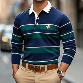 Men's Solid Color Rugby Polo Shirts Golf Polos Shirts Long Sleeve Polo Shirts Lapel Classic Fashion Basic Modern Casual Sports Logo Fall Winter Burgundy Navy B
