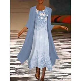 Women's Midi Dress Chiffon Dress Casual Dress Dress Set Elegant Fashion Modern Outdoor Vacation Going out Slim Floral 3/4 Length Sleeve Crew Neck Blue White Pu