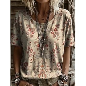 Damen T Shirt Druck Blumen Grafik Pflanzen Vintage Stilvoll Lässig Kurzarm V Ausschnitt Normale Oberteile Lässig Täglich Wochenende Blau Weiß / blau Hell Beige