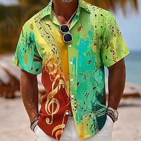 Men's Colorful Musical Notes Shirt Button Up Shirt Short Sleeve Vintage Retro Daily Music Festival Spring Fall Turndown 3D Print Collared Shirts Blue Pink Purp