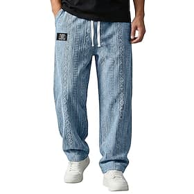 Men's Trousers Casual Pants Baggy Pants Textured Pants Jacquard Drawstring Straight Leg Plain Comfort Full Length Casual Daily Outdoor Vacation Fashion Blue Bl thumbnail 2