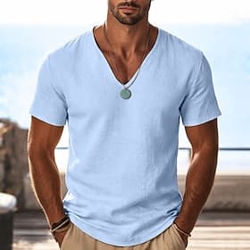 Men's T Shirt Short Sleeve Shirt Tee Top Linen T-Shirt Short Sleeve V Neck Plunging Neck Spring  Summer Summer Spring Solid Color Plain Streetwear Stylish Leis