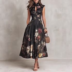 Women's Midi Dress Satin Dress Elegant Daily Vacation Weekend Regular Fit Floral Sleeveless Shirt Collar Black Summer