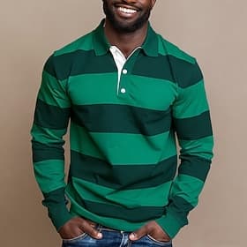Men's Horizontal Stripes Rugby Polo Long Sleeve Polo Shirts Collared Shirts Sportswear Casual Outdoor School Athleisure 3D Print Spring Fall Blue Light Green P