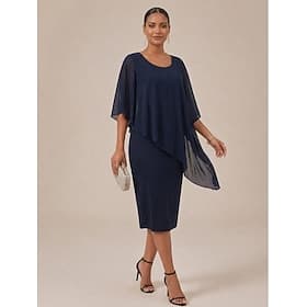 Robe en mousseline à deux épaisseurs pour femme, longueur genou, manches courtes, col rond, idéale pour les mariages et les occasions élégantes.